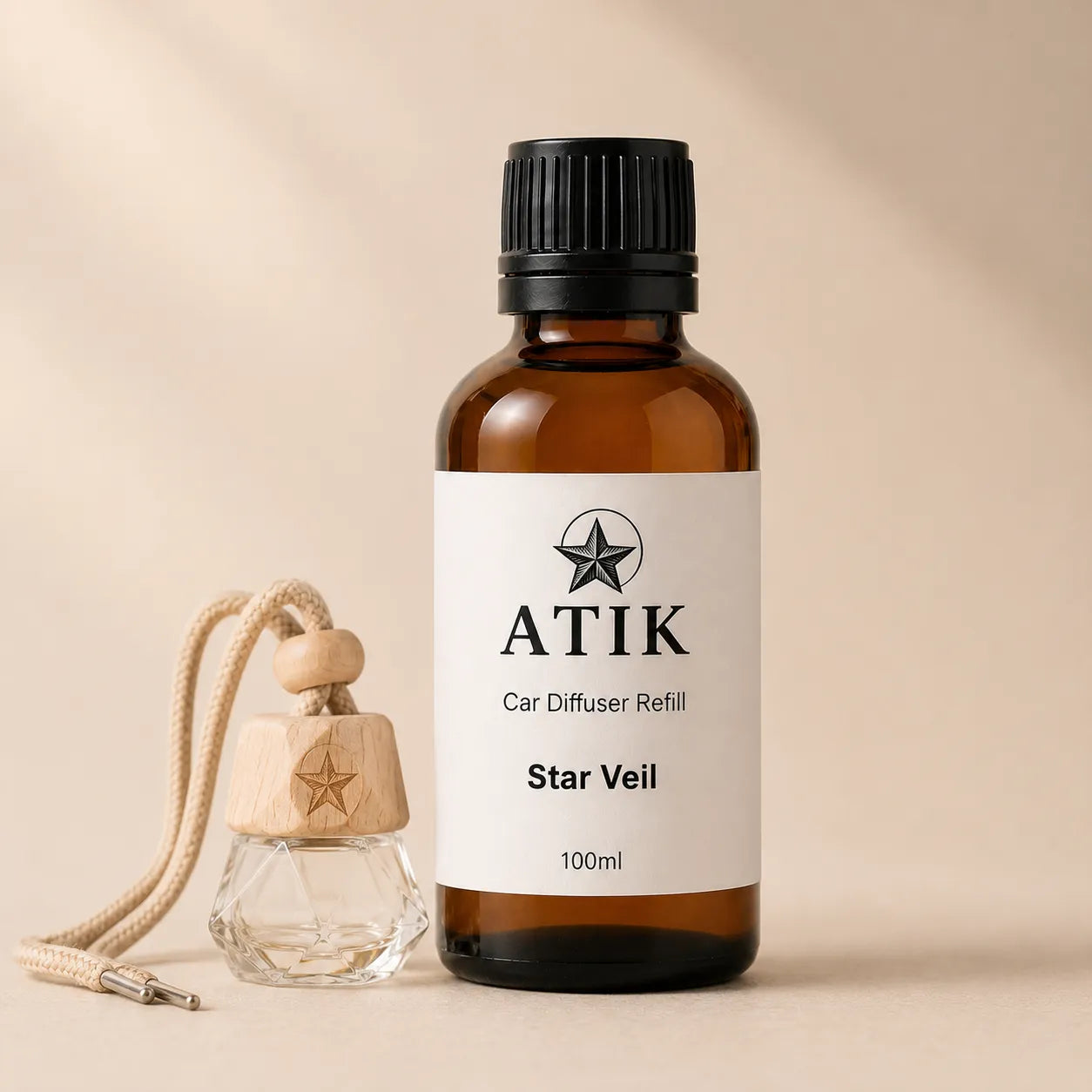 ATIK car diffuser refill bottle with hanging car diffuser accessory