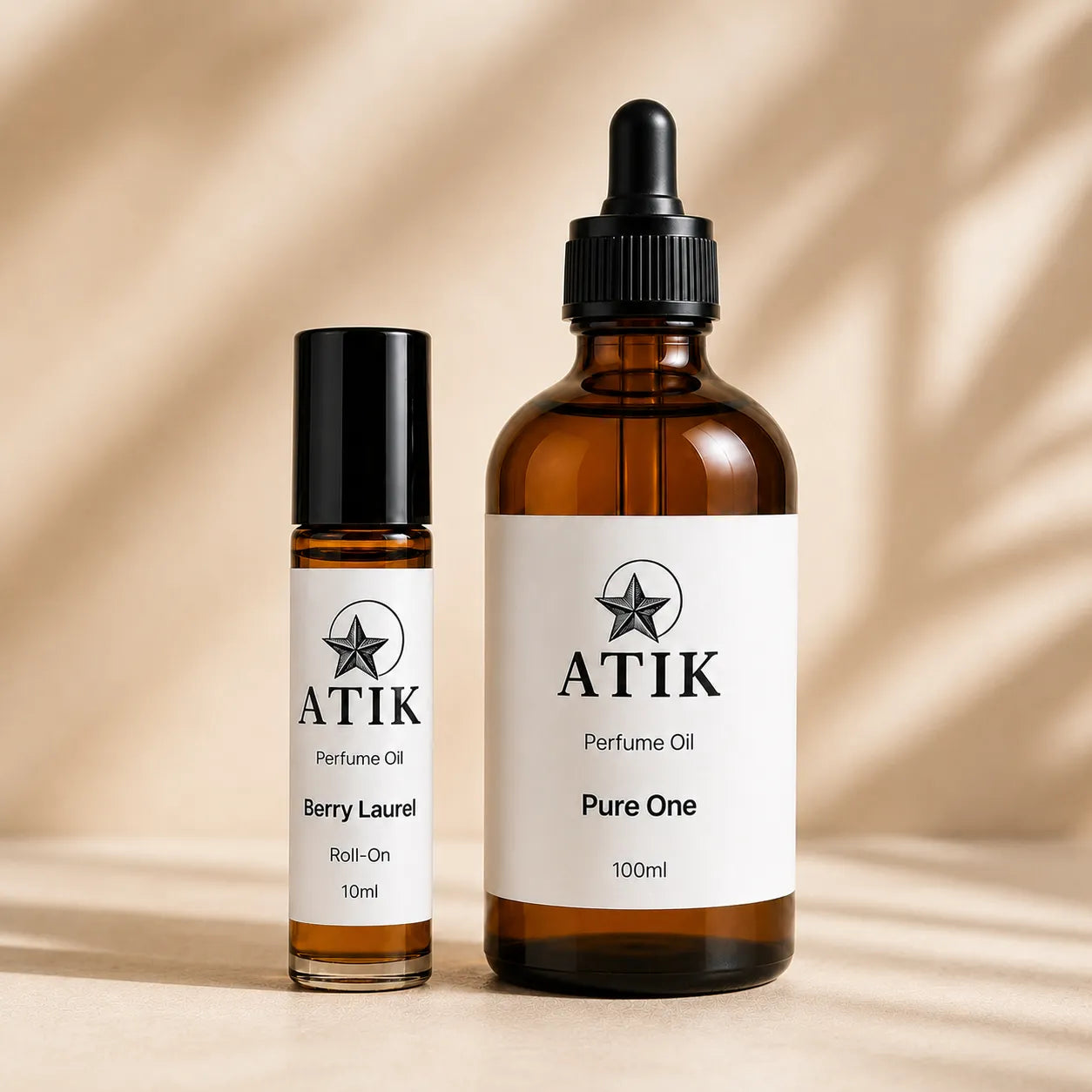 ATIK perfume oil and roll-on perfume bottles in amber glass