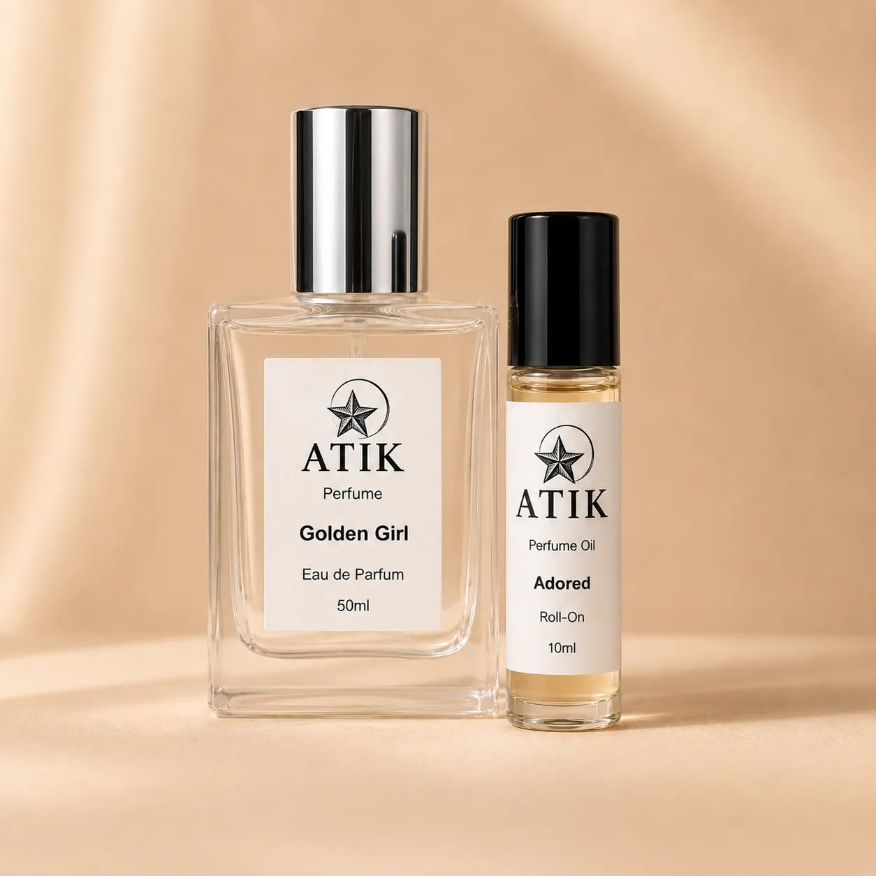 ATIK perfume spray and roll-on perfume oil bottles displayed together