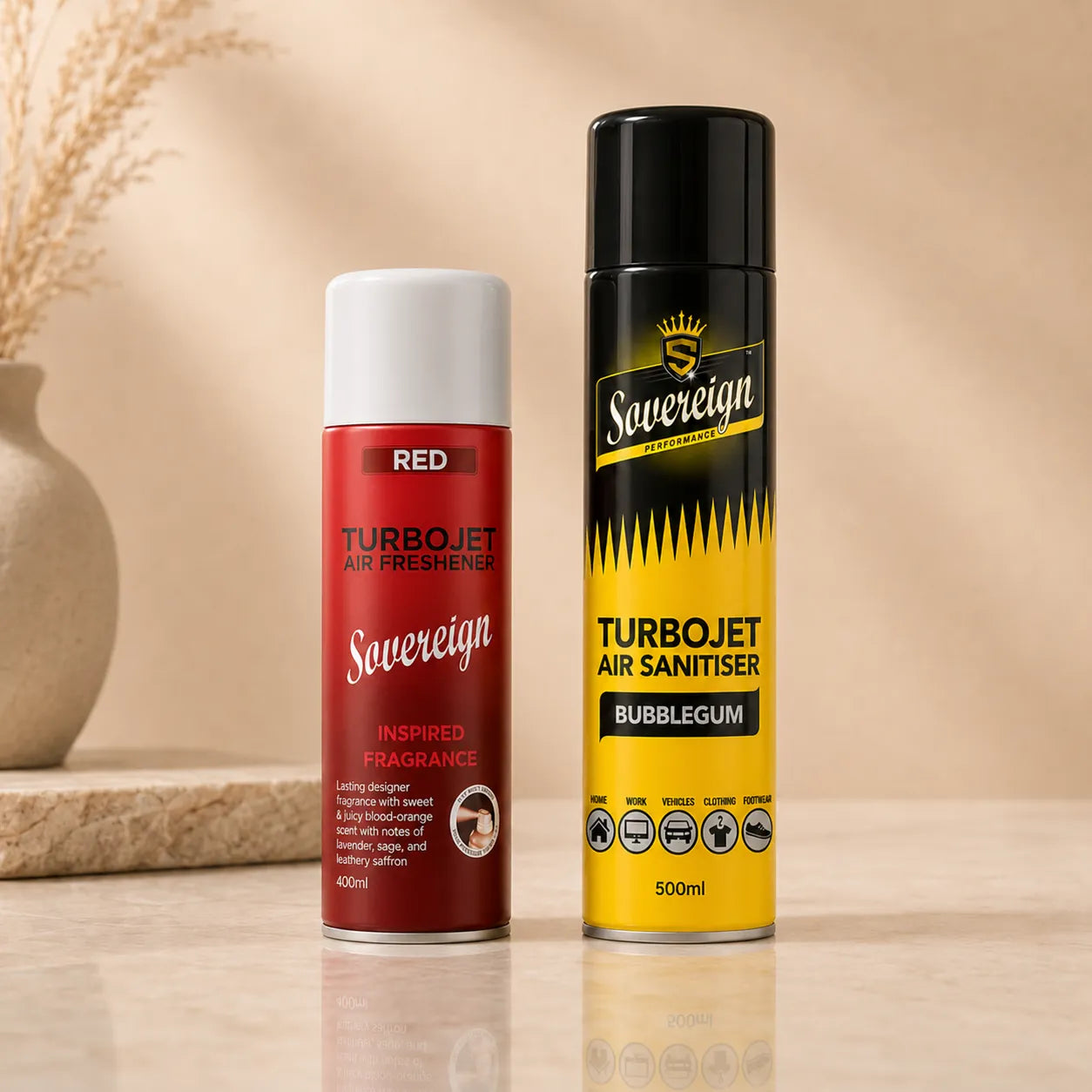 Sovereign Turbojet air freshener cans in red and black yellow designs