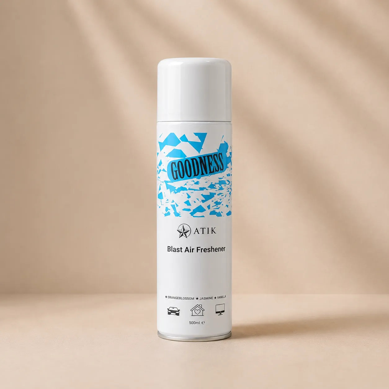 Atik turbo jet Air freshener canister labeled 'Goodness' by 'Atik' on a beige background